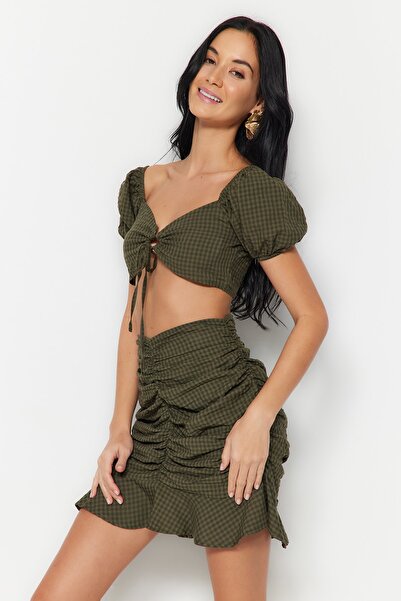Trendyol Collection Khaki szőtt összegyűjtött blúz szoknyakészlet TBESS23AU00127