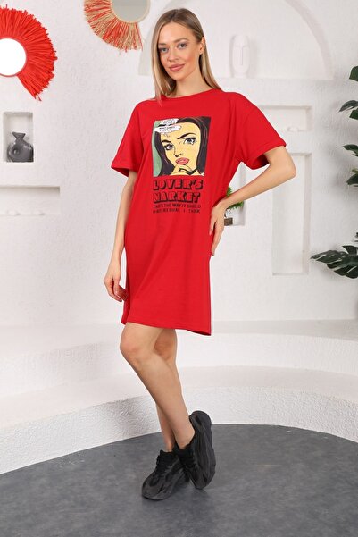 Pullaps Baskılı Uzun Elbise Tunik Kırmızı