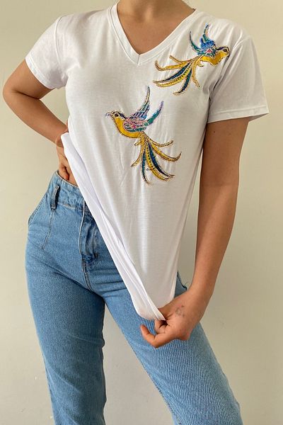 FEMELLE Women's White V-Neck Bird Pattern Sequin Embroidered 100% Cotton T-Shirt