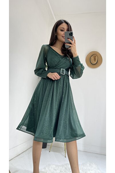 sarebutik Sare Butik Yeşil Kemer Detay Simli Tül Abiye Elbise