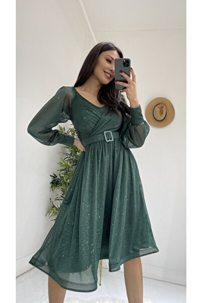 sarebutik Sare Butik Yeşil Kemer Detay Simli Tül Abiye Elbise