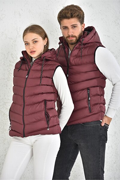 WAPP Unisex Burgundy Gel Padding Hooded Puffer Vest