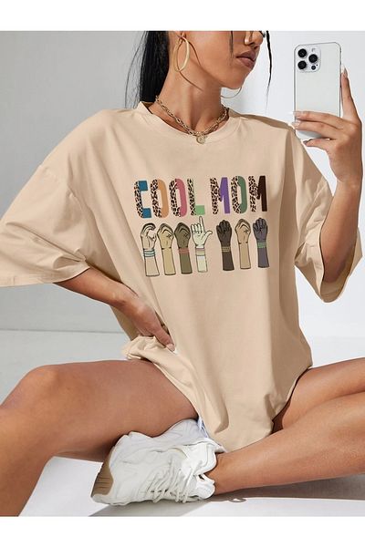 trendgar Μπλουζάκι Cool Mom Printed Beige Oversize