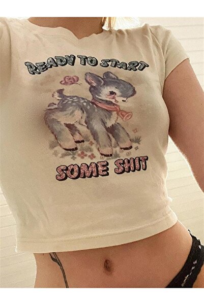 Gofeel Some Shit Desenli Beyaz Renkli Harajuku Kadın Crop Bluz Tişört