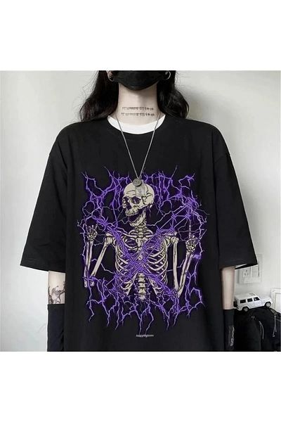 Gofeel Gothic Skeleton Lightning Printed Unisex Oversize Printed T-shirt
