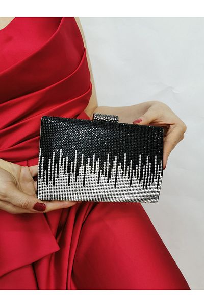 NAZART Γυναικείο πέτρινο μαύρο βραδινό φόρεμα Clutch Portfolio Hand Night Wedding Bag
