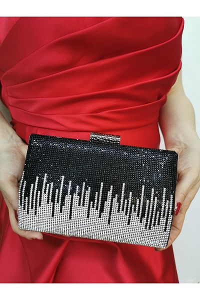 NAZART Γυναικείο πέτρινο μαύρο βραδινό φόρεμα Clutch Portfolio Hand Night Wedding Bag
