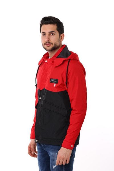 PRİFALDİ Ανδρικό Slim Fit Κόκκινο Μαύρο Αδιάβροχο και Αντιανεμικό Εποχιακό Μπουφάν