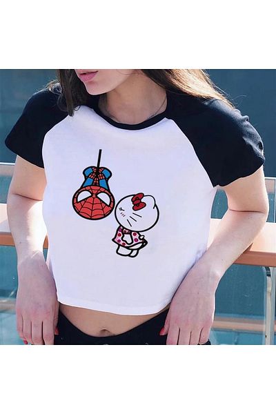 Touz Moda Spider-man & Hello Kiitty Printed Raglan Sleeve White Crop