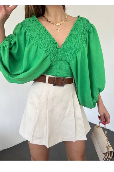 bayansepeti Γυναικείο βαμβακερό ύφασμα με λαιμόκοψη V ελαστικό και λεπτομερές σχέδιο μπαλόνι μανίκι Πράσινη μπλούζα 37 εκ. Crop 10380