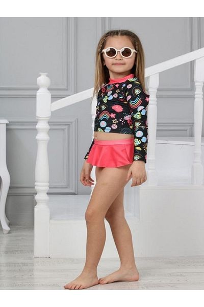 PODIUM GYM New Rainbow Patterned Sun Protection Long Sleeve Crop Top Mini Skirt Ruffle Bikini Set