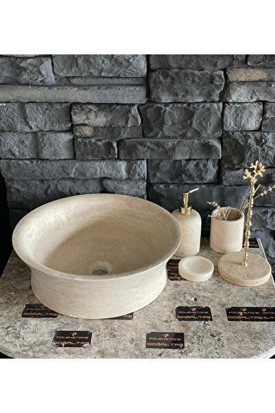 Polen Stone Traverten Doğal Taş Lavabolu Banyo Seti 5,li