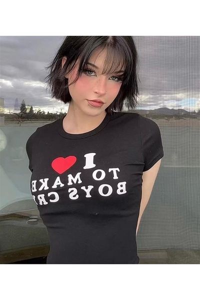 Touz I Love To Make Boys Cry Printed Black Crop