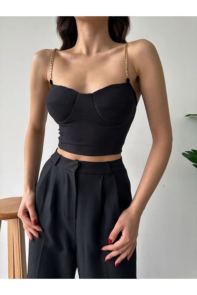 laughs Women's Gloped Chain Strap Back Gimped Crop Blouse Yg3000