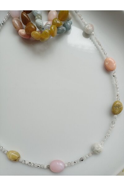 Mudita Tasarım Sarı Opal , Pembe Opal , Aquamarin Taşı Detaylı Aytaşı Tasarım Kolye