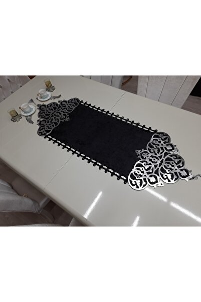 SEHARA Runner/masa Ranırı /125x45cm/catifea neagra/piele foliata argintie bro...