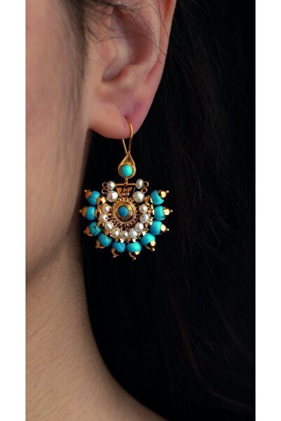 Çelikoğlu Kuyumculuk 14 Ayar Altın Sivrihisar Firuze Taşlı Incili Küpe 9,33 Gr