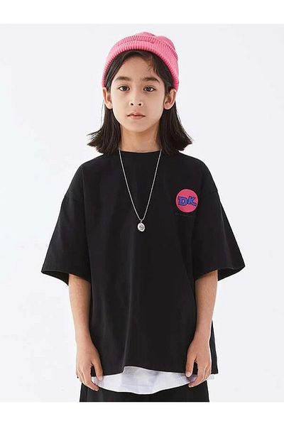 Benisengiydir Girl's Black Dk Printed Oversize Crew Neck Tshirt
