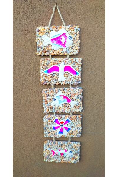 Antioch Art And Design Balıklı Yel Değirmenli Martılı Kelebekli Filli Yunuslu Fenerli Deniz Kabuklu Beş Parça Duvar Süsü