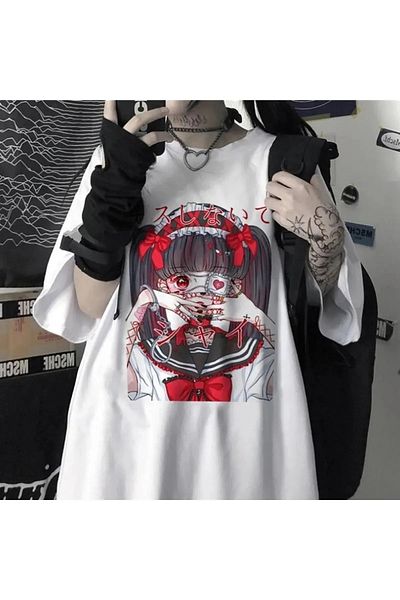 Gofeel Anime Girl Loli Goth Printed Unisex Oversize Printed T-shirt