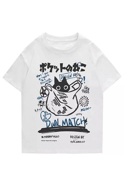 Gofeel New Japanese Retro Street Dualmatch White Color Printed Unisex Oversize Printed T-shirt