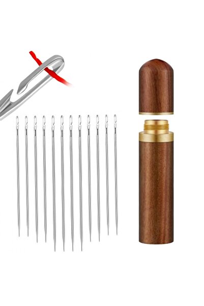 Alazpay Cusut și broderie din oțel inoxidabil 12 buc. Set de ace de cusut inteligent și cutie de depozitare din lemn de orez