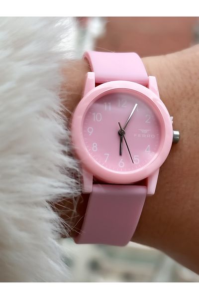 FERRO Brand Waterproof Pink Silicone Band Number Wristwatch+bracelet