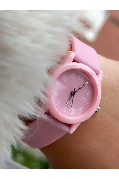 FERRO Brand Waterproof Pink Silicone Band Number Wristwatch+bracelet