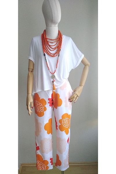 MODASTRO Women's White Orange Floral Cotton Trousers
