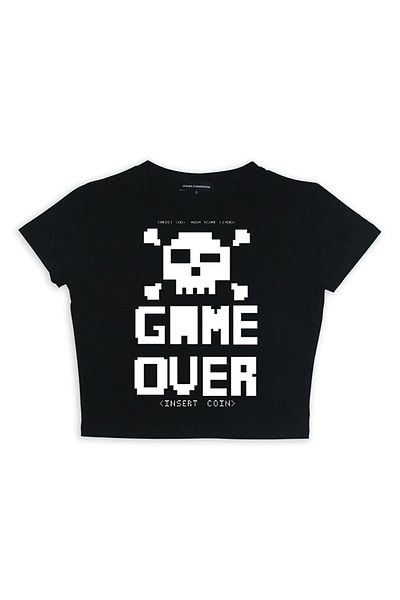 Gofeel Game Over Patterned Black Color Harajuku Women's Crop Blouse T-Shirt