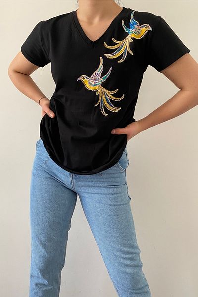 FEMELLE Tricou negru pentru femei, cu decolteu în V, cu model de păsări, brodat cu paiete, 100% bumbac