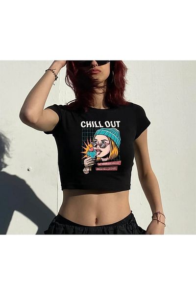 Gofeel Chill Out Patterned Black Color Harajuku Women's Crop Blouse T-Shirt