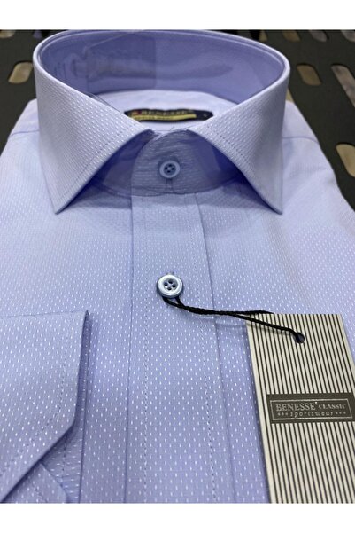 BENESSE Armür Desen Slim Fit Buz Mavisi Erkek Gömleği