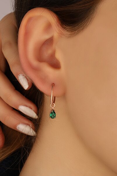 Lia Berto Kadın Rose Zümrüt Taşlı Damla  Gümüş Küpe 925 Ayar