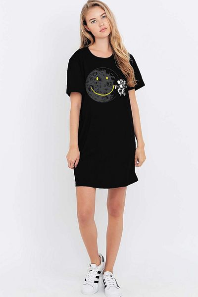 ROCKANDROLL Rochie tricou cu mânecă scurtă astronaut cu graffiti negru din bumbac pieptănat