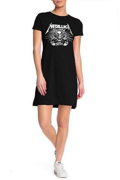 ROCKANDROLL Rochie neagră de damă din bumbac pieptănat cu mânecă scurtă Metallica Skull