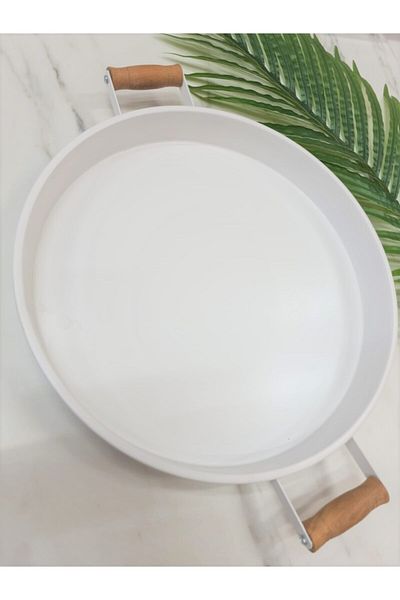 MATARMUTFAK 36*4cm Metal Round White Presentation Tray with Wooden Handle