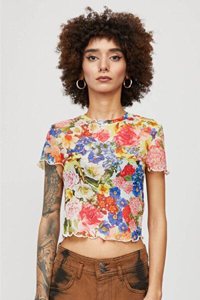 XEG Kadın Çiçek Desenli Tül Tişört