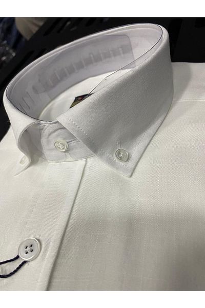 BENESSE Slim Fit απλό λευκό λινό πουκάμισο