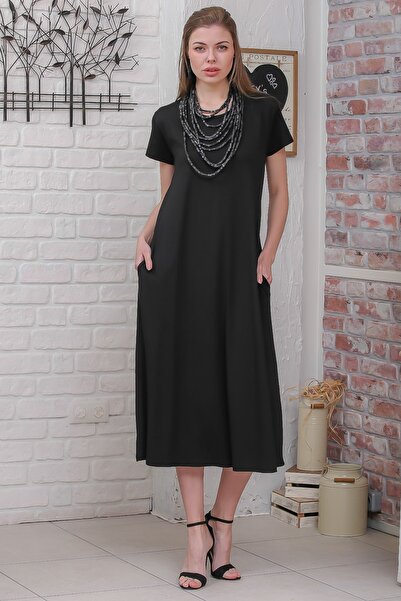 Chiccy Dámské černé šaty s krátkým rukávem a skrytými kapsami ležérní šaty M10160000EL95531