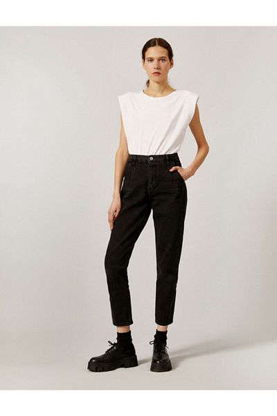Koton Blugi mom din bumbac, negri, cu talie normală, slim fit
