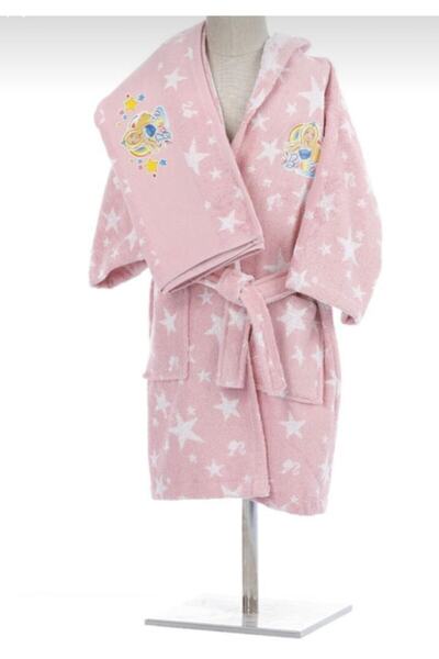 Özdilek 5-6 Yaş Çocuk Bornozu Barbie Star Free Set 2 Parça Baskılı Kapşonlu Pembe