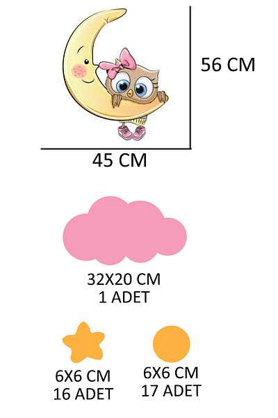 Tilki Dünyası Cute Owl Hanging Over the Moon Pink Cloud Yellow Stars And Polka Dots Kids Room Wall Sticker