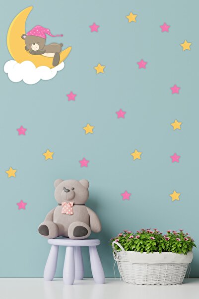 Tilki Dünyası Sleeping Teddy Bear on the Cloud Cute Moon Pink And Yellow Stars Kids Room Wall Sticker