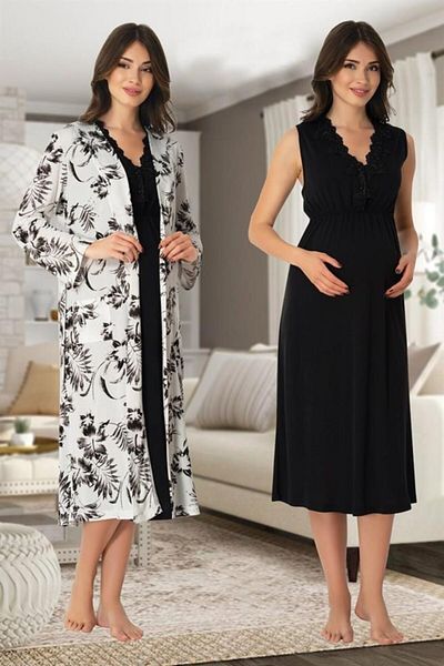 Lohussa Effort Black Lace Collar Maternity Nightie Dressing Gown Set