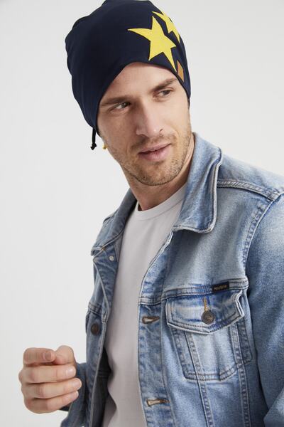 Butikgiz Sarı Lacivert Yıldızlı Efsane Çubuklu, Ipli 4 Mevsim Şapka Bere Buff-yumuşak Doğal Penye