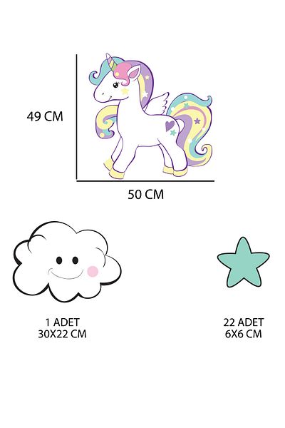 Tilki Dünyası Cute Unicorn Smiling White Cloud Green Stars Kids Room Wall Sticker