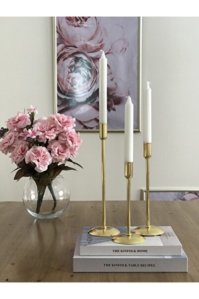 Kübra Özdemir Store Şık 3'lü Metal Gold Şamdan Seti Mumluk Hediyelik