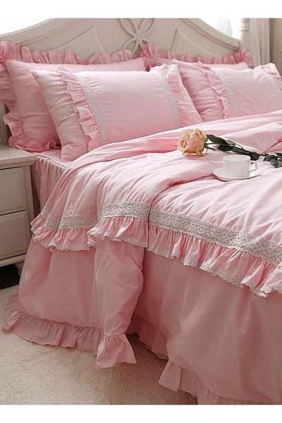 METİNEV Pink, Frilly, Rubbed Double Duvet Cover Set and Base Skirt