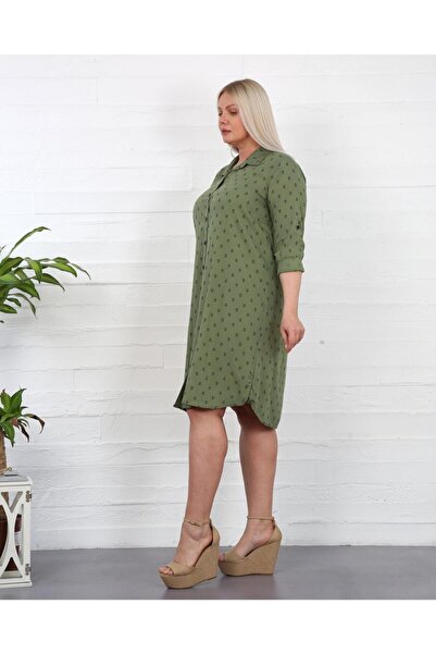 By Alba Collection Khaki Viscose Large Size Tunic - Anchor Patterned Cotton